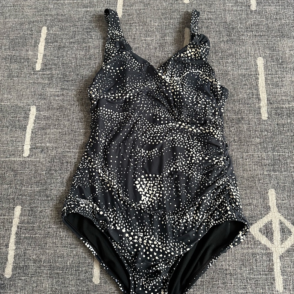 Speedo Black and White One Piece Swimsuit with V-Neck
